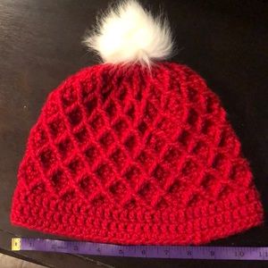 Handmade crochet red beanie. Snap on pom pom for easy washing. New without tags